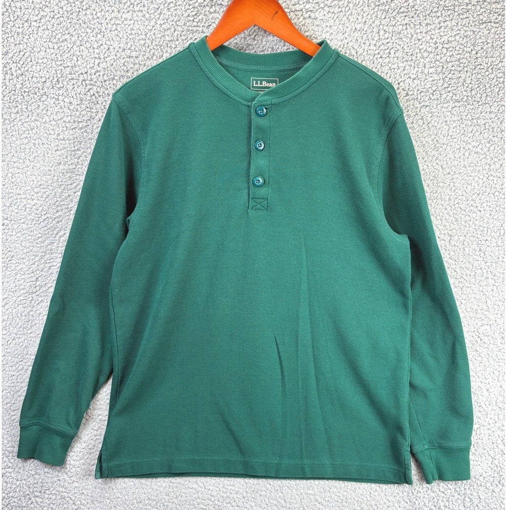 LL Bean Waffle Knit Thermal Henley Shirt Mens M Green Outdoor Gorpcore Casual